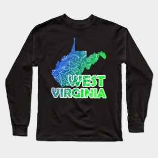 Colorful mandala art map of West Virginia with text in blue and green Long Sleeve T-Shirt